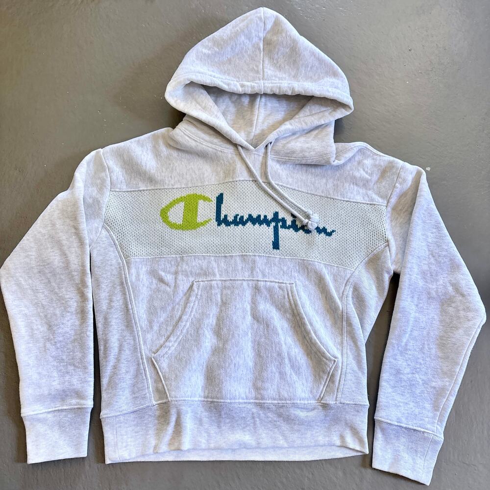 Champion Reverse Weave Heather Gray Spellout Hoodie Small